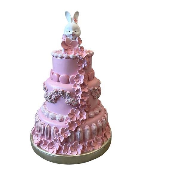Sweet Treats 13in Pink Floral Easter Bunny Faux Cake with Macaroons Decor NEW - Picture 4 of 16